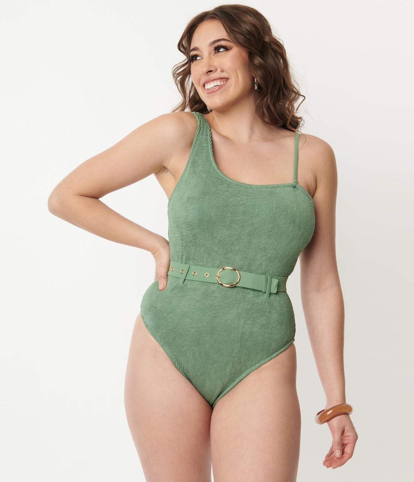Green Belted One Piece Swimsuit - Unique Vintage - Womens, SWIM, 1 PC