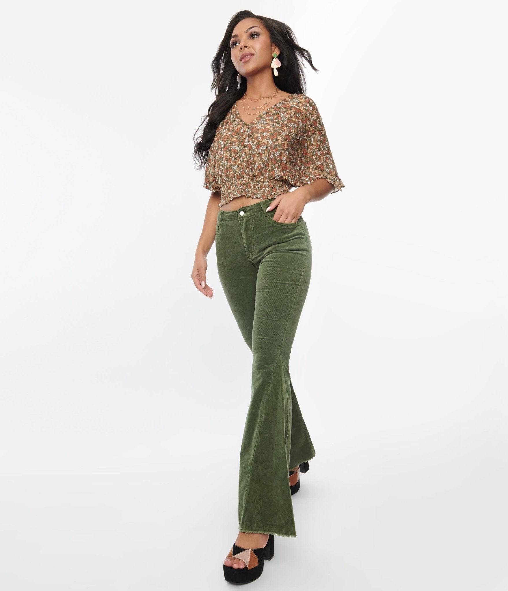 Green Corduroy Flare Pants - Unique Vintage - Womens, BOTTOMS, PANTS
