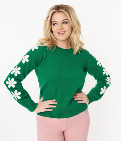 Green Daisy Sweater - Unique Vintage - Womens, TOPS, KNIT TOPS