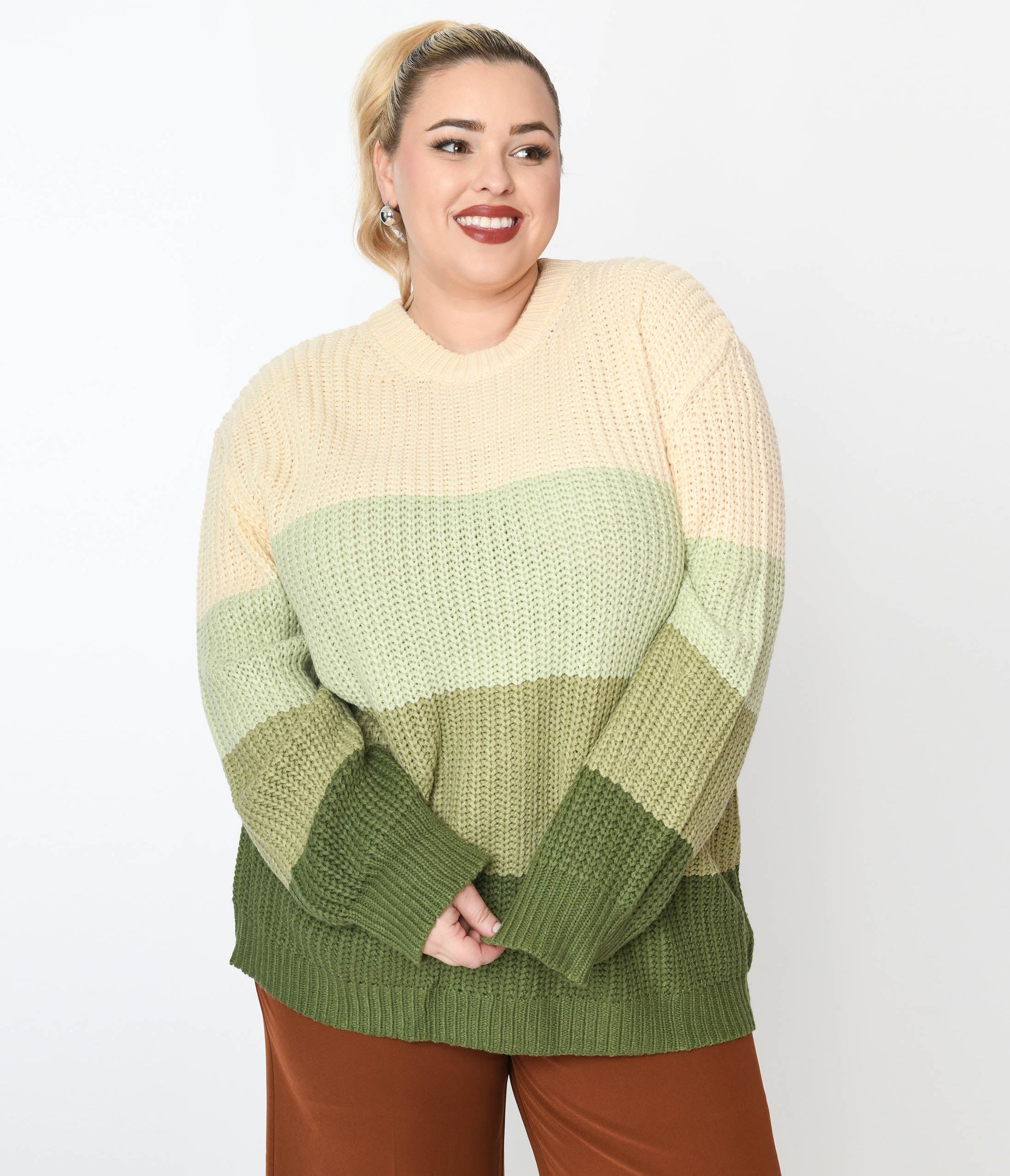 Green Dream Color Block Striped Pullover Knit Sweater - Unique Vintage - Womens, TOPS, SWEATERS