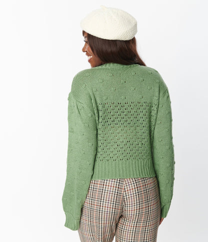 Green Eyelet Pom Pom Puff Sleeve Cardigan - Unique Vintage - Womens, TOPS, SWEATERS