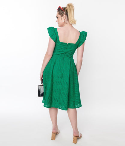 Green Eyelet Ruffle Sleeve Swing Dress - Unique Vintage - Womens, DRESSES, SWING