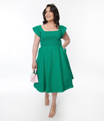 Green Eyelet Ruffle Sleeve Swing Dress - Unique Vintage - Womens, DRESSES, SWING