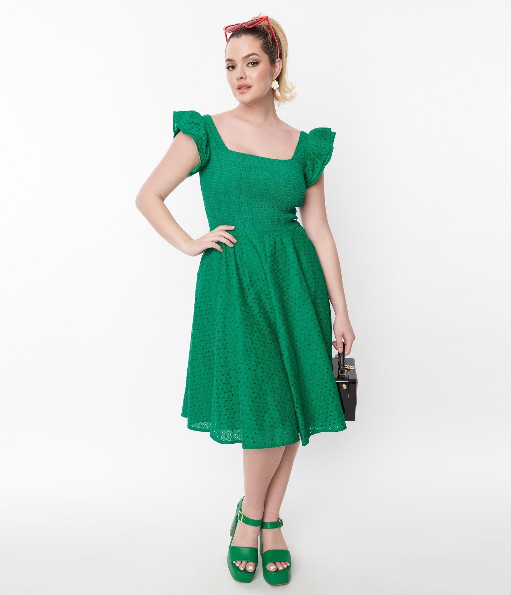 Green Eyelet Ruffle Sleeve Swing Dress - Unique Vintage - Womens, DRESSES, SWING