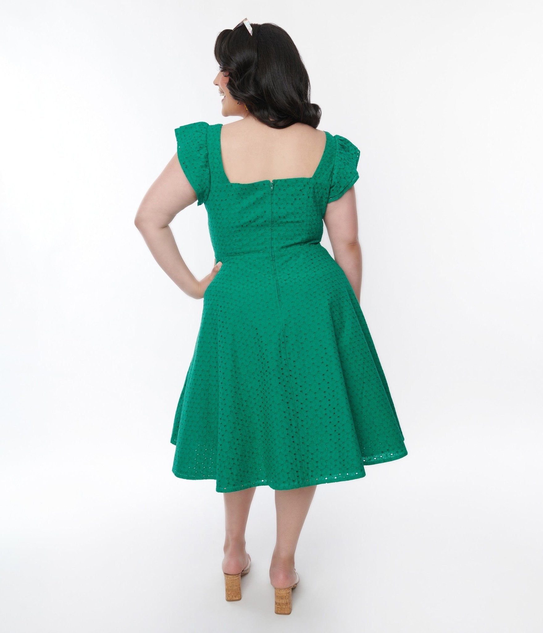 Green Eyelet Ruffle Sleeve Swing Dress - Unique Vintage - Womens, DRESSES, SWING