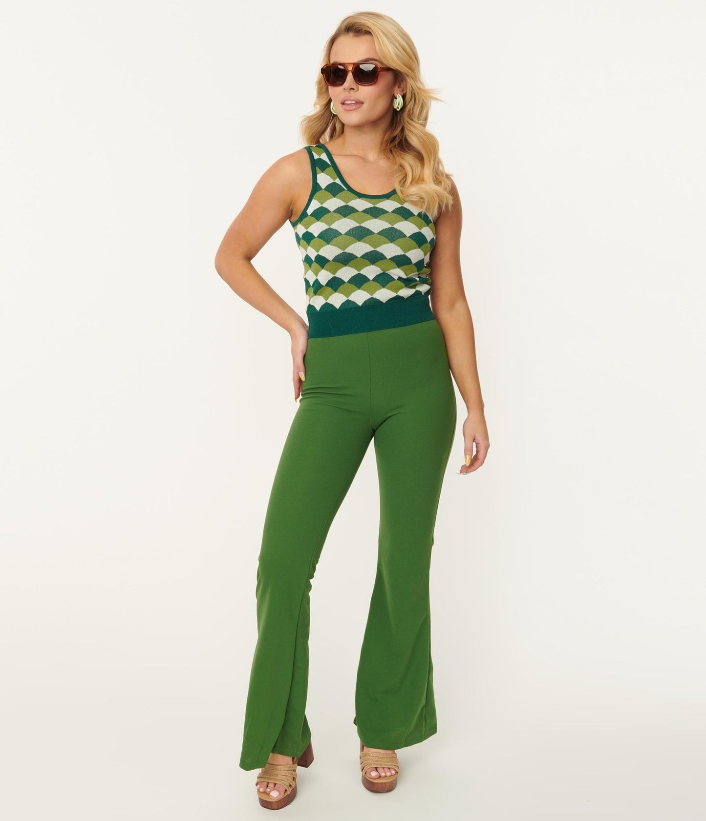 Green Flare Pants - Unique Vintage - Womens, BOTTOMS, PANTS