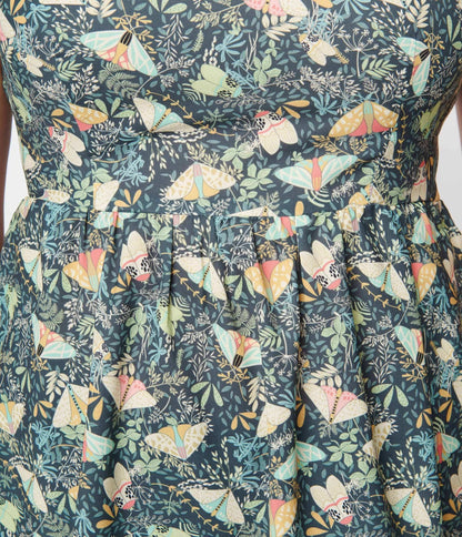 Green Floral & Moth Print Skater Dress - Unique Vintage - Womens, DRESSES, SHIFTS
