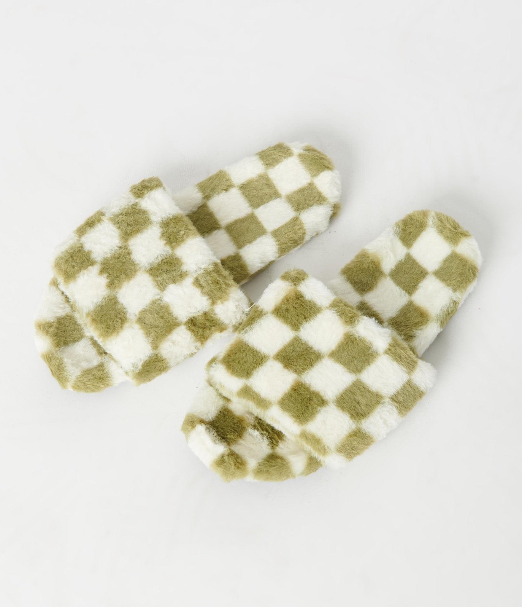 Green & Ivory Check Fuzzy Slippers - Unique Vintage - Womens, ACCESSORIES, GIFTS/HOME