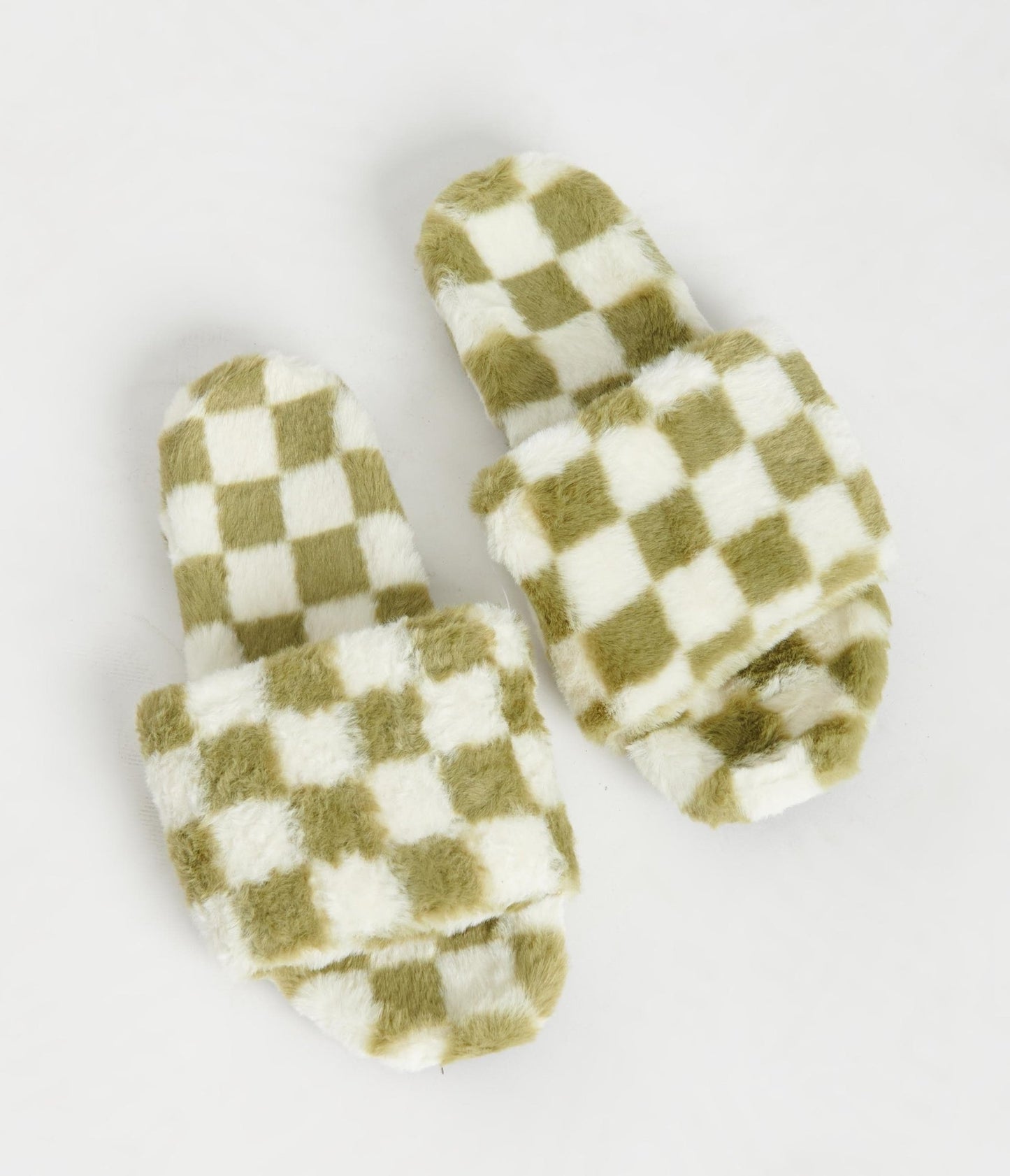 Green & Ivory Check Fuzzy Slippers - Unique Vintage - Womens, ACCESSORIES, GIFTS/HOME