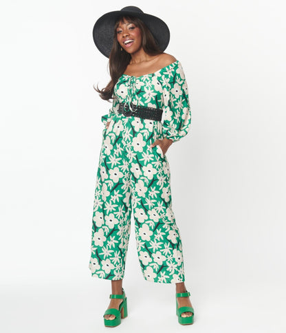 Green & Ivory Floral Jumpsuit - Unique Vintage - Womens, BOTTOMS, ROMPERS AND JUMPSUITS