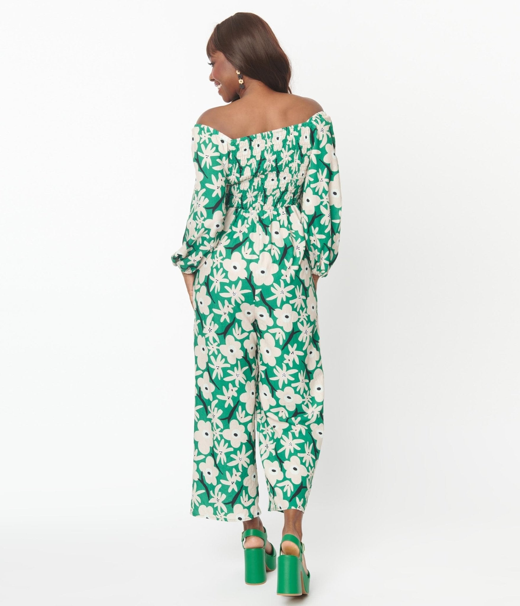 Green & Ivory Floral Jumpsuit - Unique Vintage - Womens, BOTTOMS, ROMPERS AND JUMPSUITS