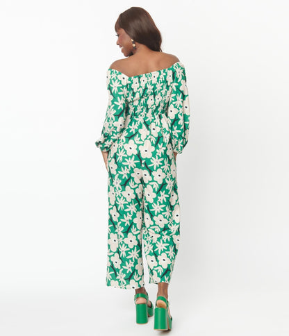 Green & Ivory Floral Jumpsuit - Unique Vintage - Womens, BOTTOMS, ROMPERS AND JUMPSUITS