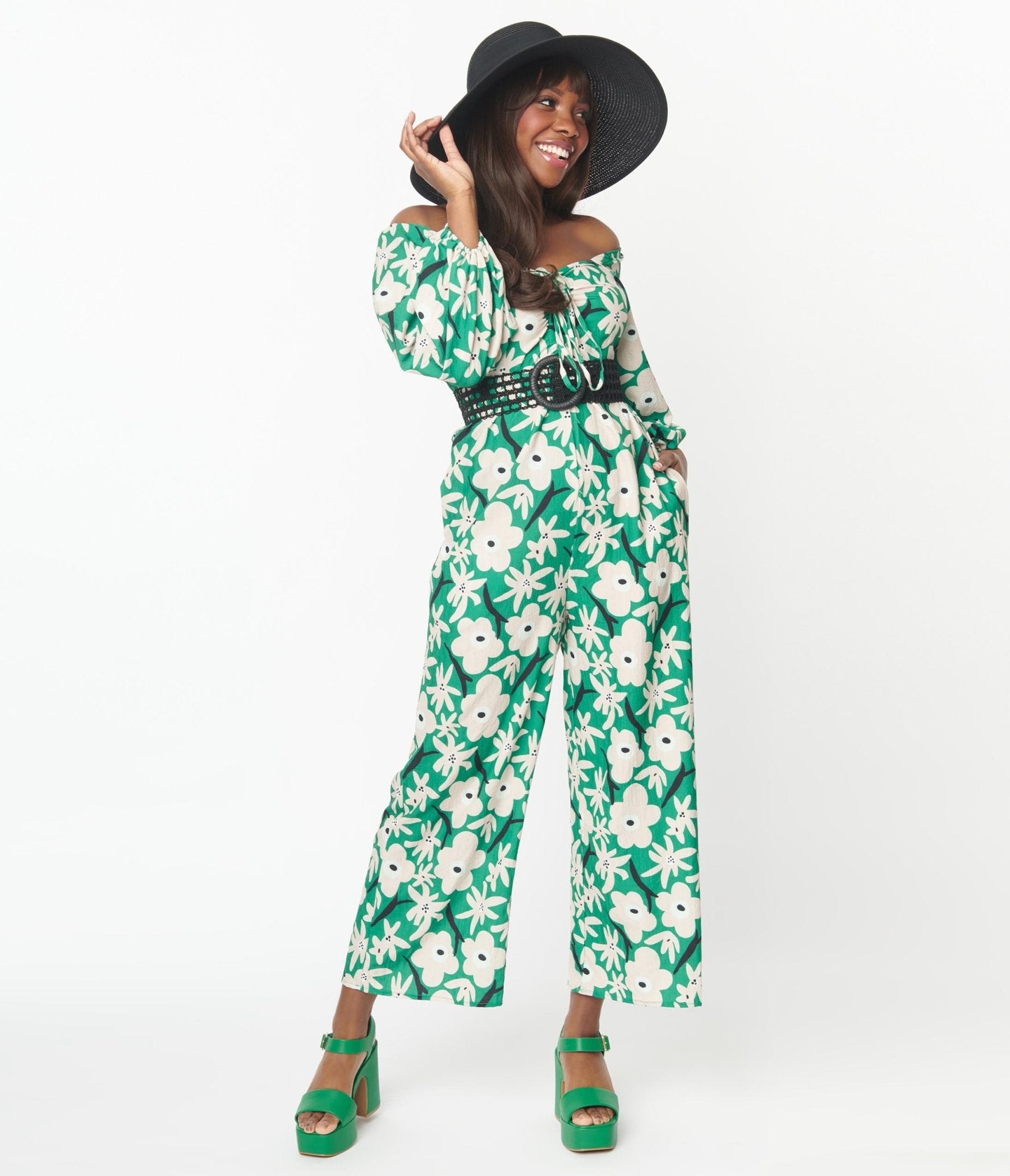 Green & Ivory Floral Jumpsuit - Unique Vintage - Womens, BOTTOMS, ROMPERS AND JUMPSUITS