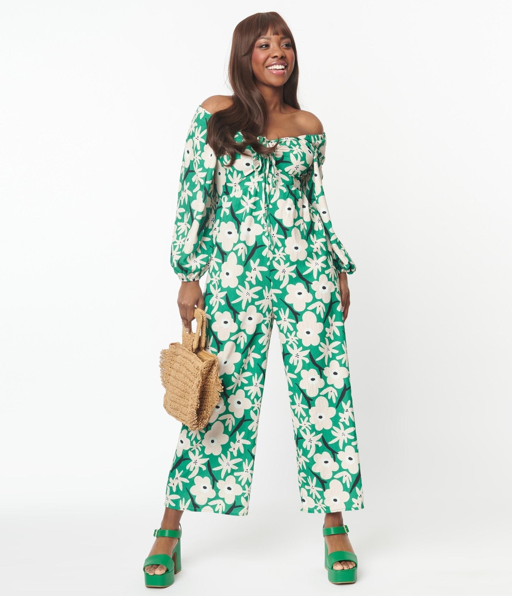 Green & Ivory Floral Jumpsuit - Unique Vintage - Womens, BOTTOMS, ROMPERS AND JUMPSUITS