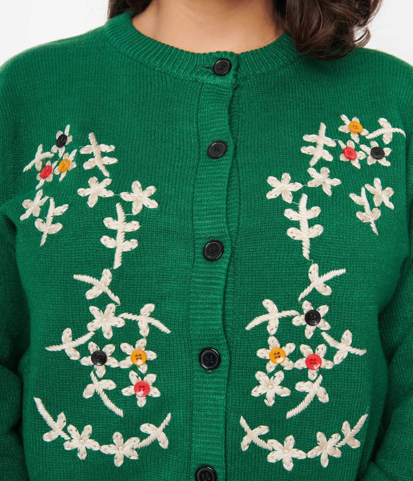 Green & Multicolor Button Floral Holiday Cardigan - Unique Vintage - Womens, TOPS, SWEATERS