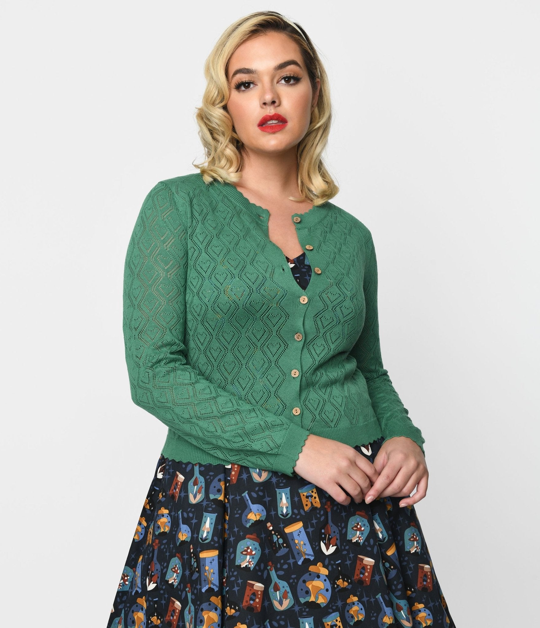 Green Perforated Heart Cardigan - Unique Vintage - Womens, TOPS, SWEATERS