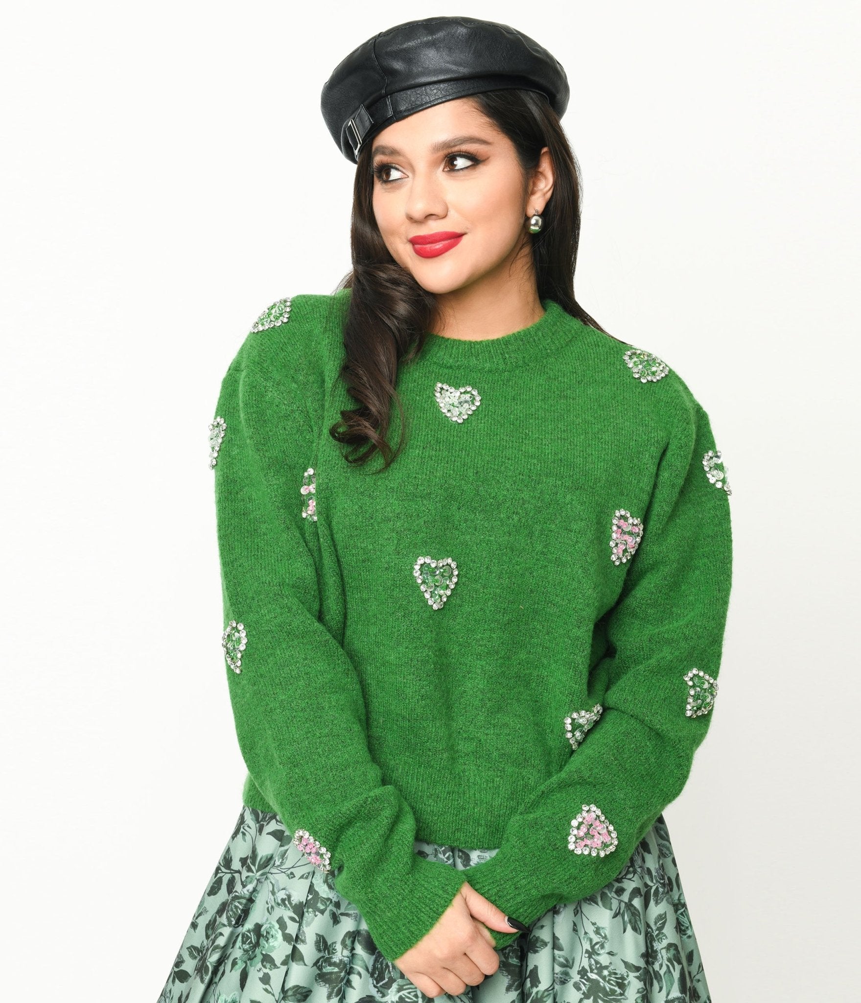 Green Rhinestone Hearts Embellished Pullover Sweater - Unique Vintage - Womens, TOPS, SWEATERS