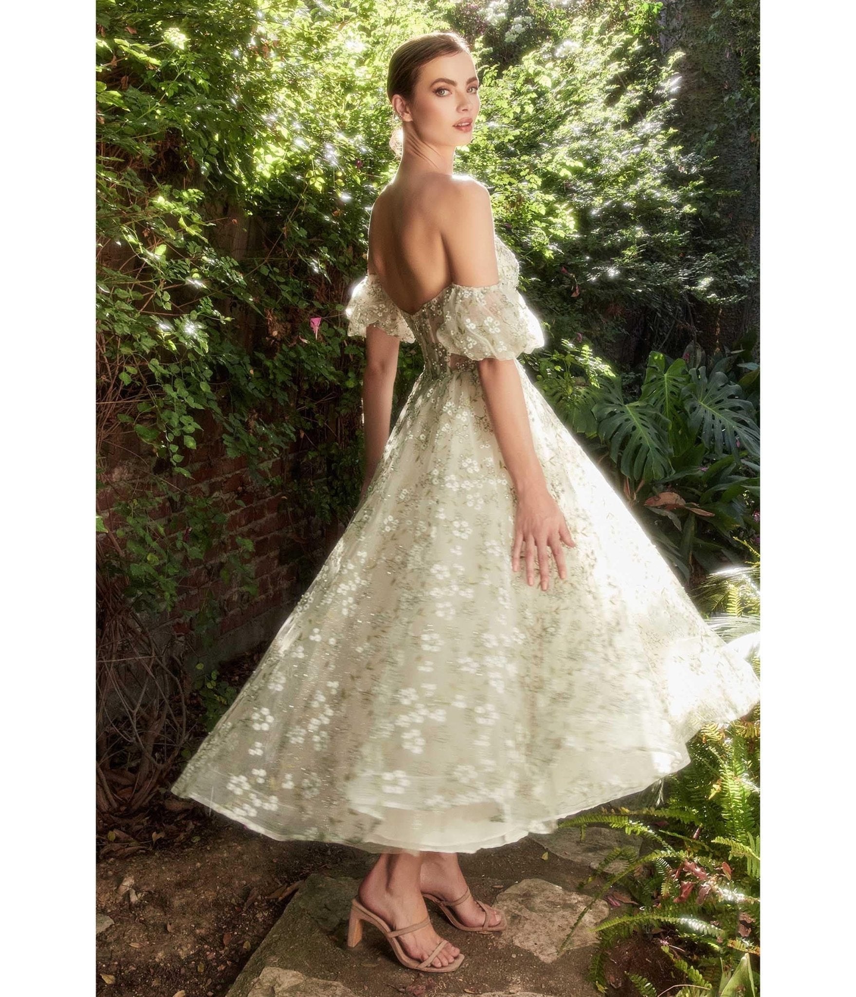 Green Romantic Floral Organza Tea Length Bridesmaid Gown - Unique Vintage - Womens, DRESSES, PROM AND SPECIAL OCCASION