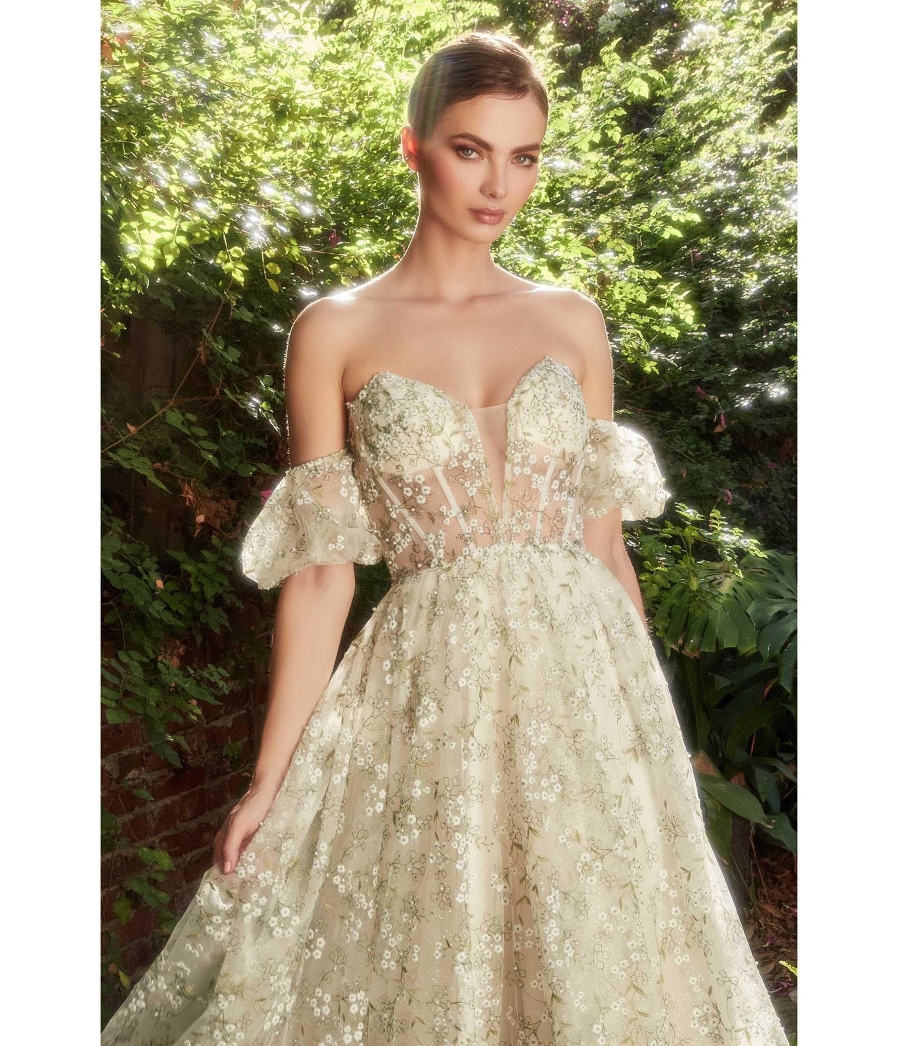 Green Romantic Floral Organza Tea Length Bridesmaid Gown - Unique Vintage - Womens, DRESSES, PROM AND SPECIAL OCCASION