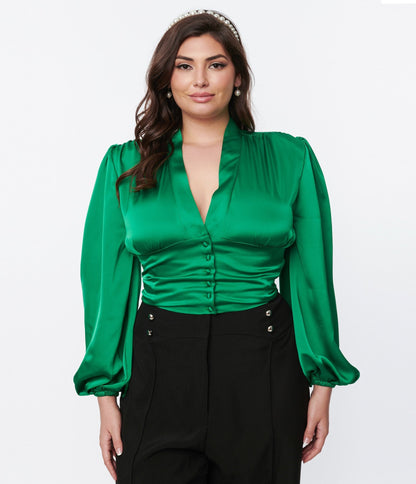 Green Satin Balloon Sleeve Blouse - Unique Vintage - Womens, TOPS, WOVEN TOPS