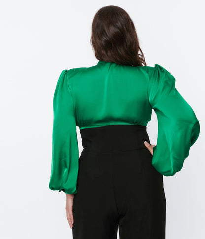 Green Satin Balloon Sleeve Blouse - Unique Vintage - Womens, TOPS, WOVEN TOPS