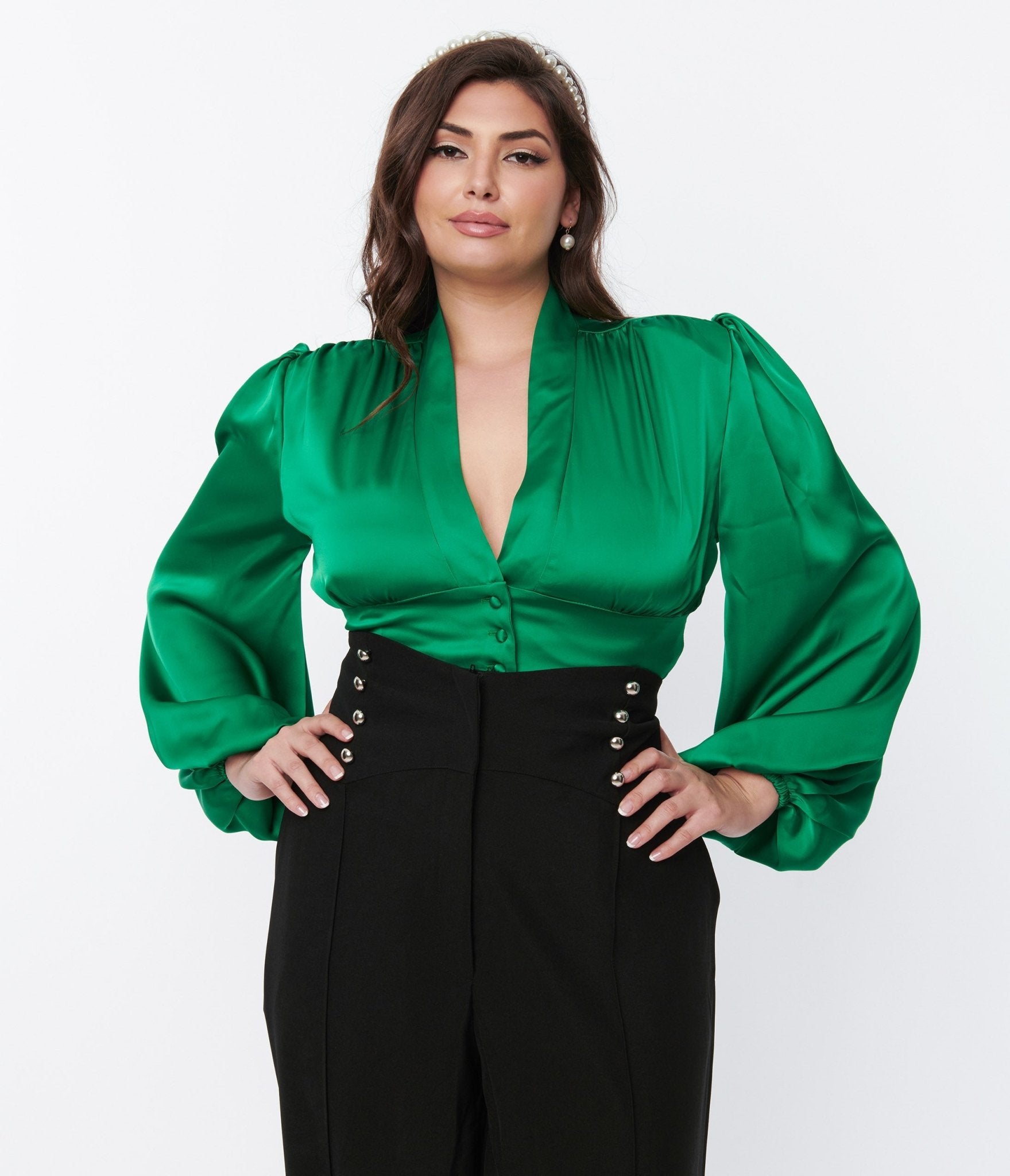 Green Satin Balloon Sleeve Blouse Unique Vintage