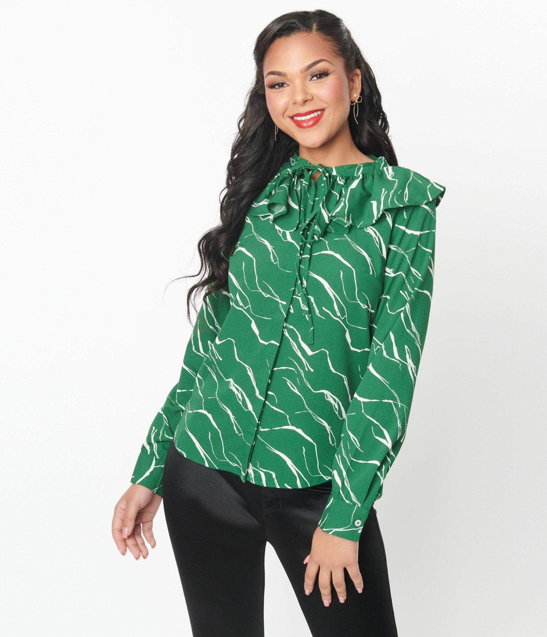Green & White Abstract Stripe Ruffle Collar Shirt - Unique Vintage - Womens, TOPS, WOVEN TOPS