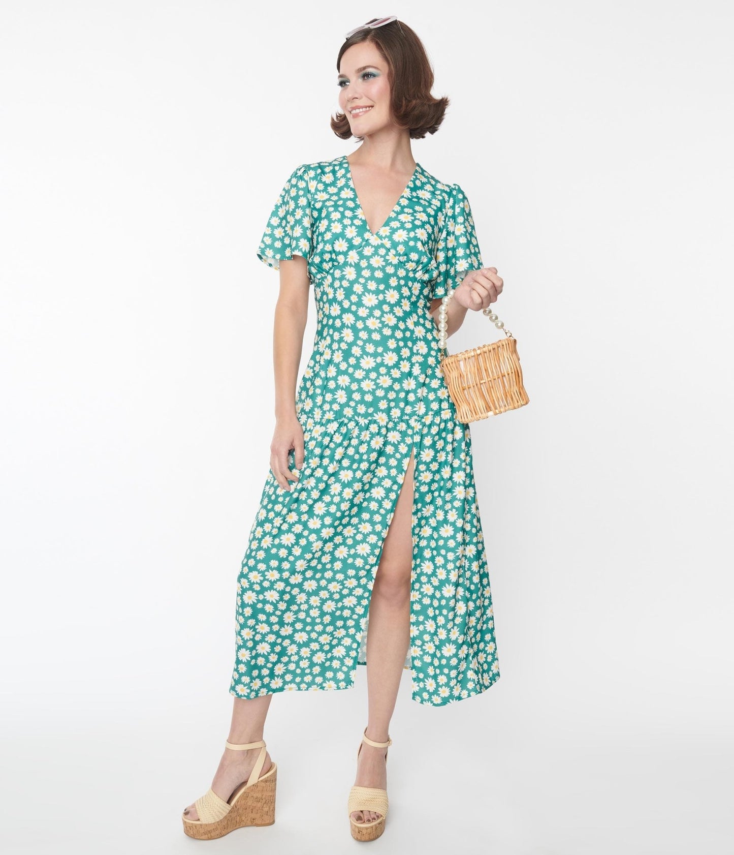 Green & White Daisy Midi Dress - Unique Vintage - Womens, DRESSES, MIDI