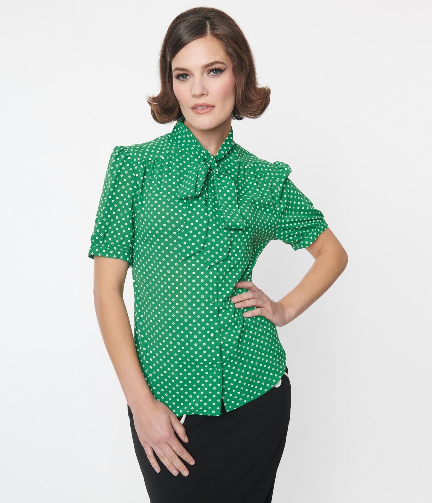 Green & White Polka Dot Bow Top - Unique Vintage - Womens, TOPS, WOVEN TOPS
