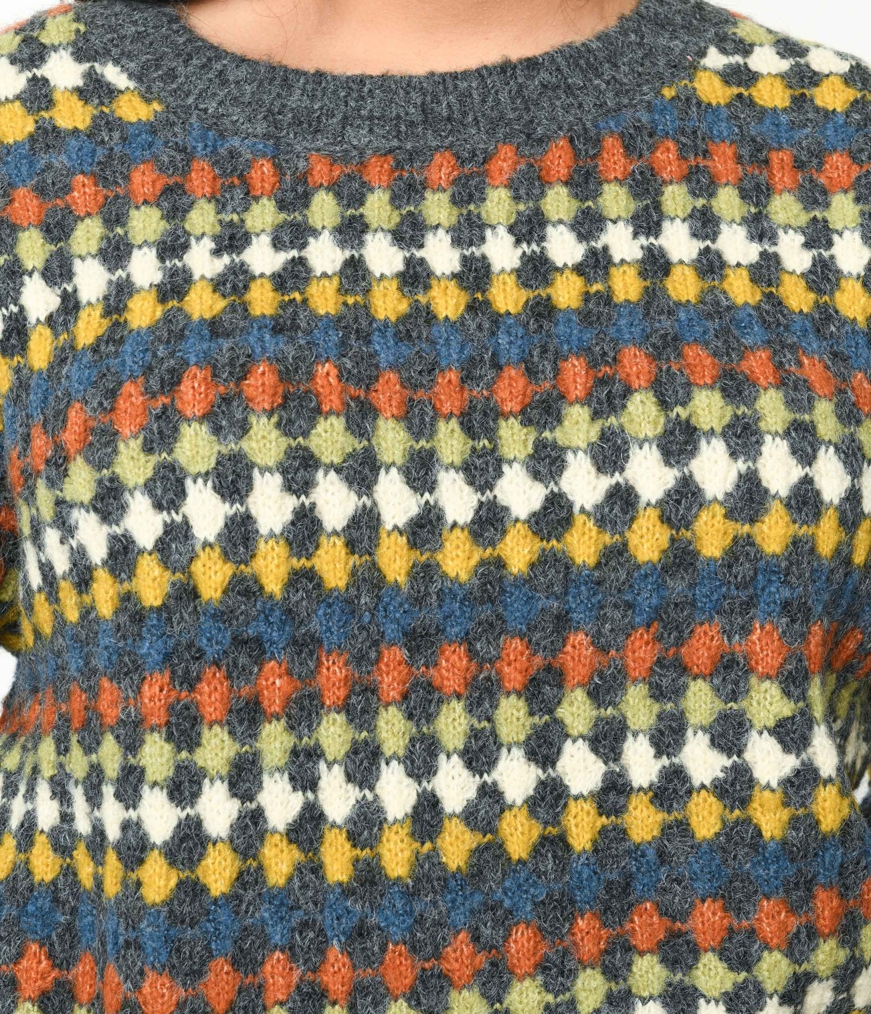Grey Multicolor Diamond Knit Sweater Unique Vintage