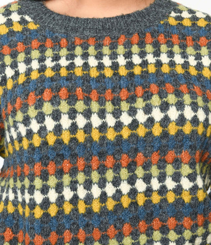 Grey & Multicolor Diamond Knit Sweater - Unique Vintage - Womens, TOPS, KNIT TOPS
