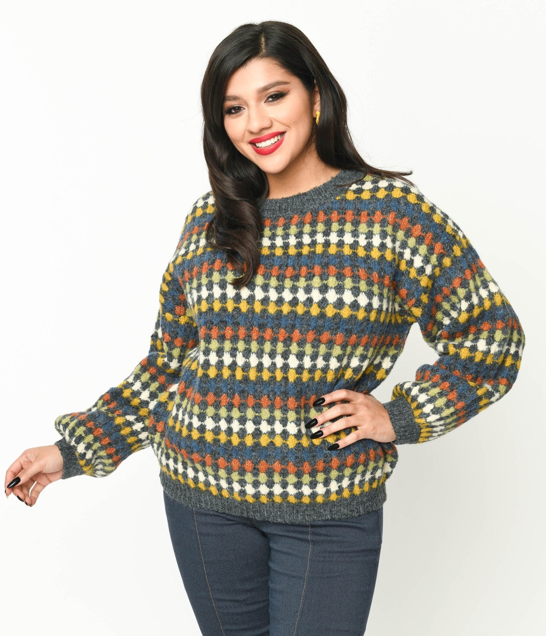 Grey Multicolor Diamond Knit Sweater Unique Vintage