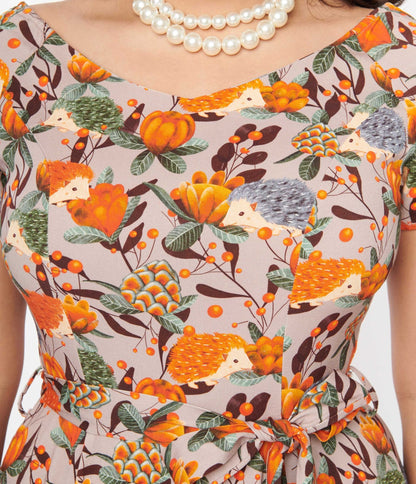 Grey & Orange Hedgehog Bella Swing Dress - Unique Vintage - Womens, DRESSES, SWING