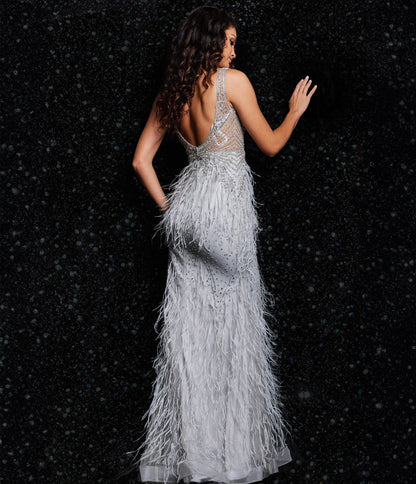 Grey & Silver Feather Embellished Evening Gown - Unique Vintage - Womens, DRESSES, PROM AND SPECIAL OCCASION