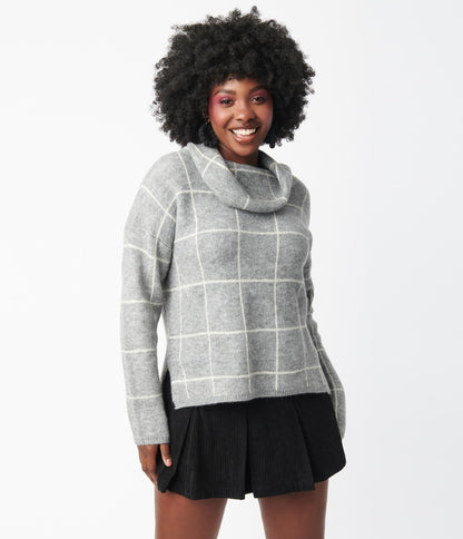 Heather Grey Windowpane Cowl Neck Sweater - Unique Vintage - Womens, TOPS, SWEATERS