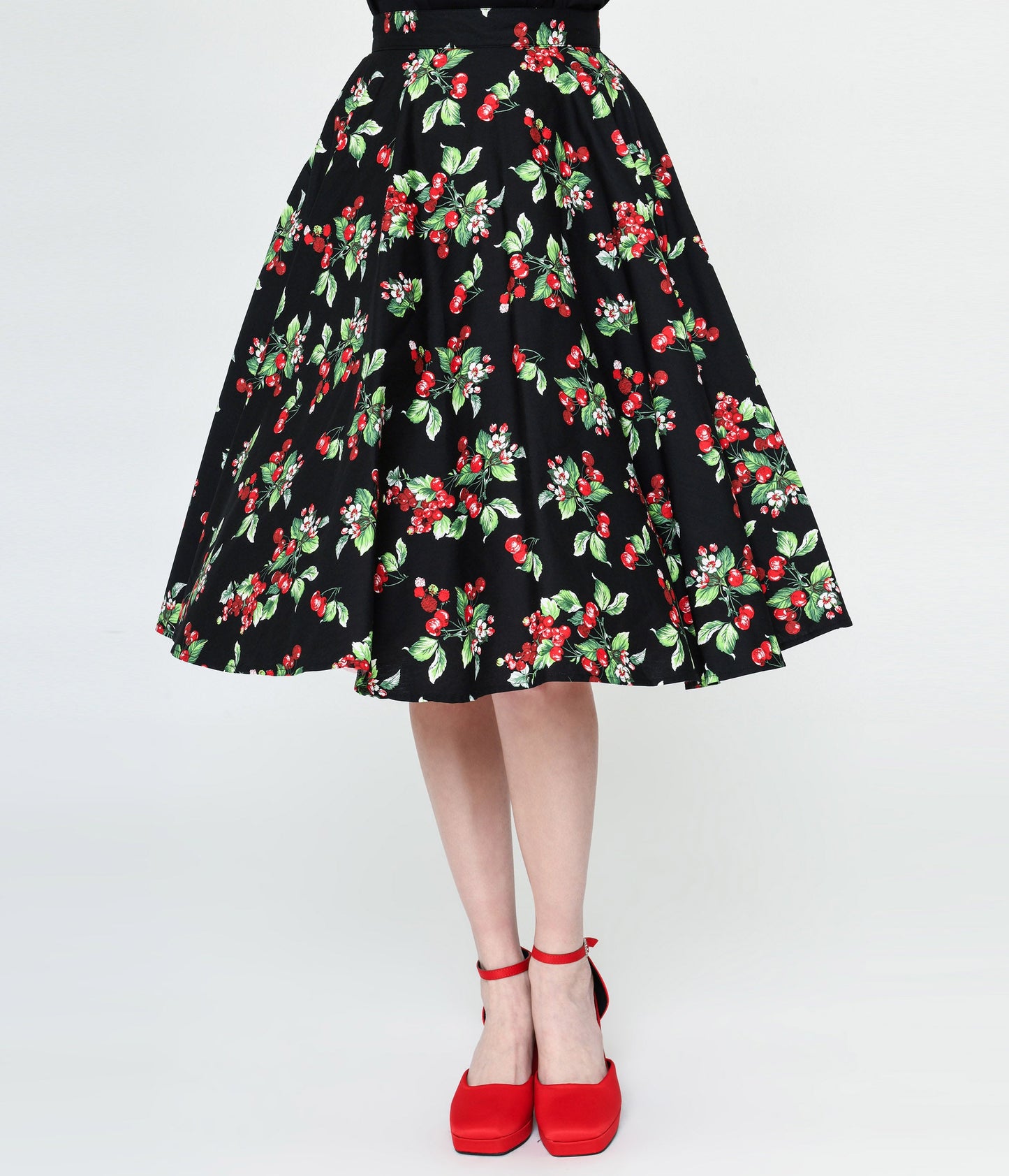 Hell Bunny Black & Cherry Print Swing Skirt - Unique Vintage - Womens, BOTTOMS, SKIRTS