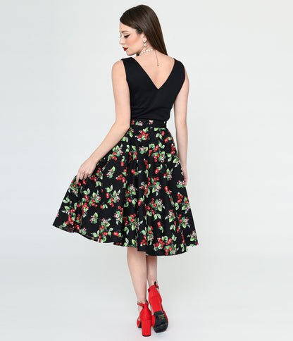 Hell Bunny Black & Cherry Print Swing Skirt - Unique Vintage - Womens, BOTTOMS, SKIRTS