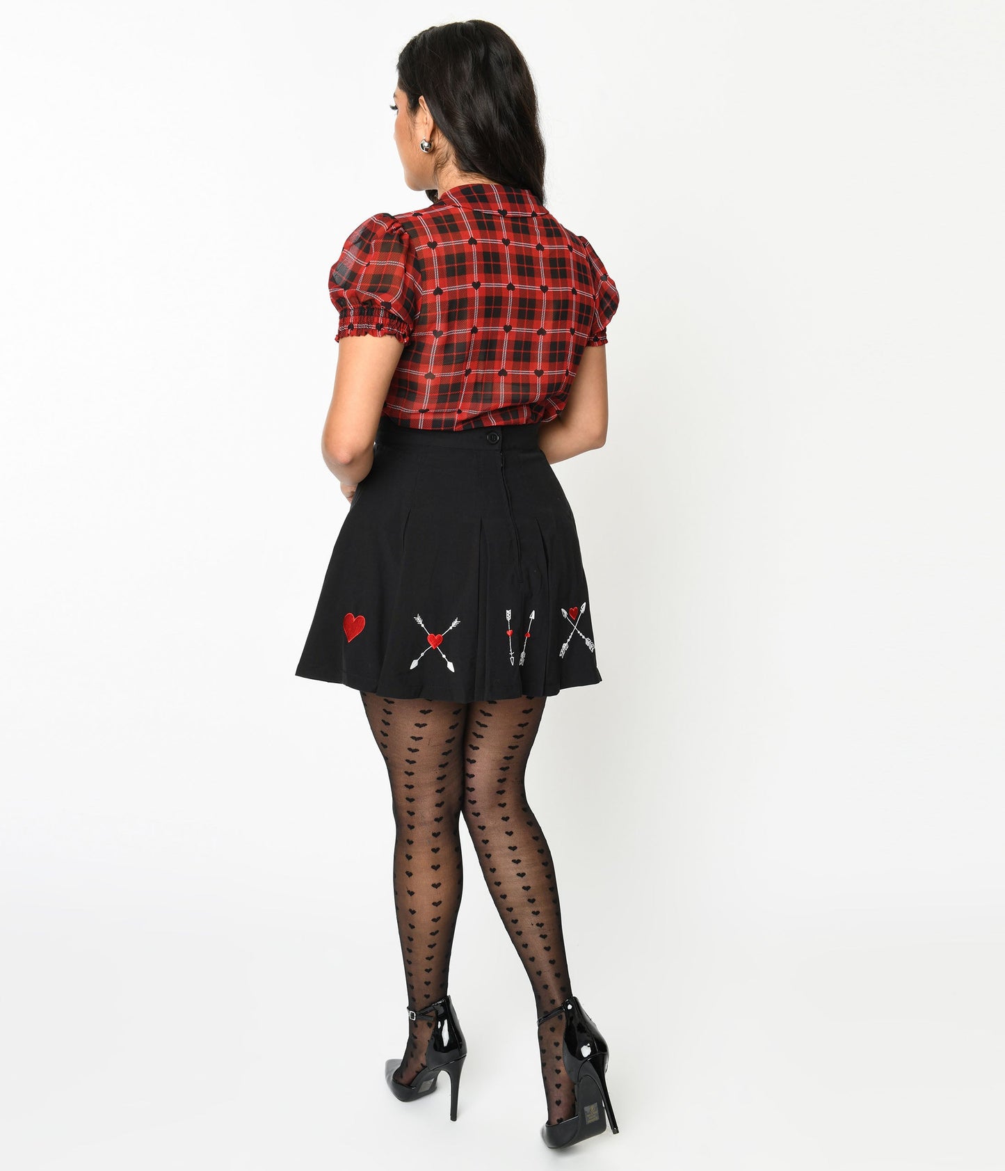 Hell Bunny Black & Embroidered Heart Border Amy Fit & Flare Skirt - Unique Vintage - Womens, BOTTOMS, SKIRTS