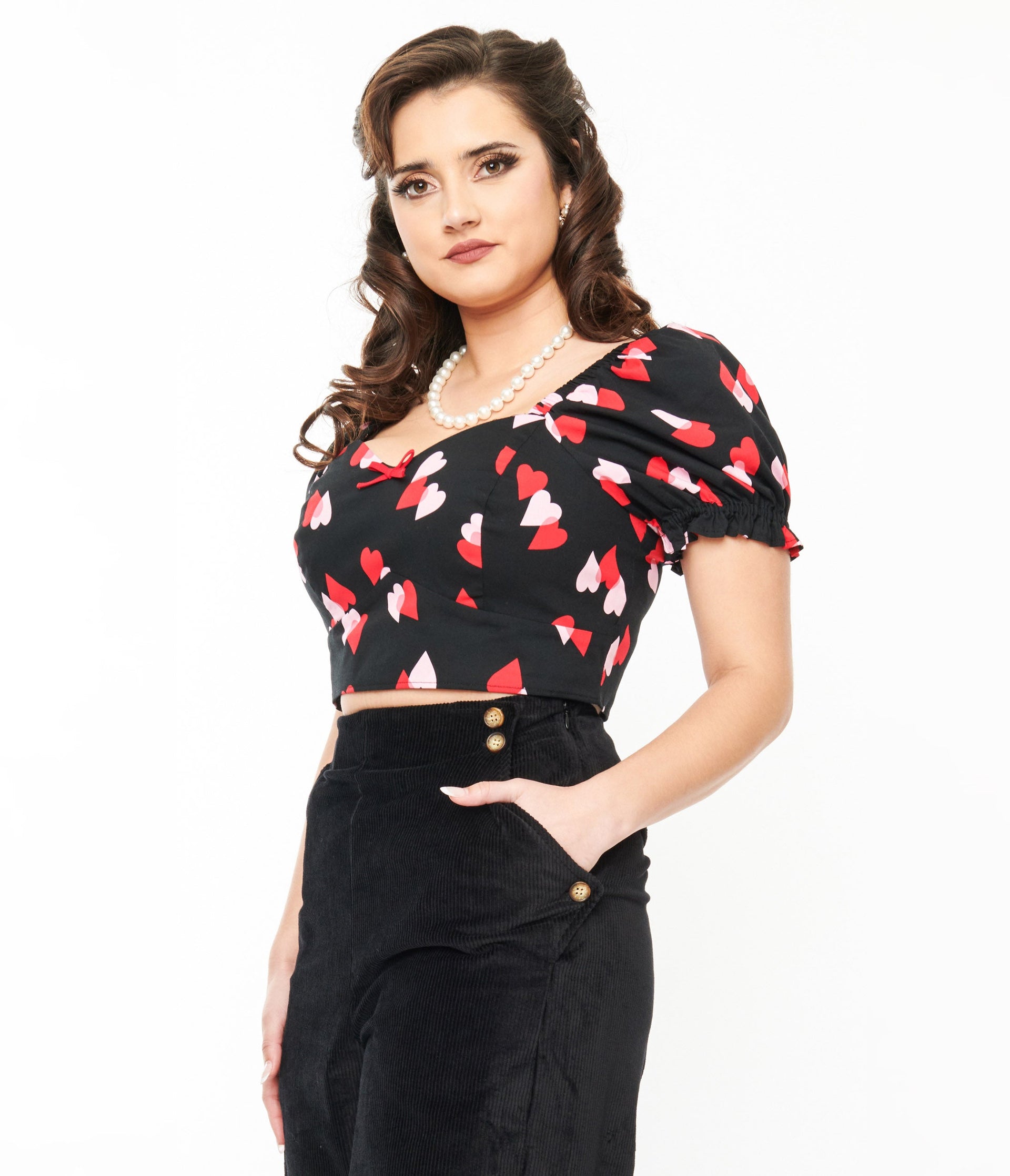 Hell Bunny Black & Red Hearts Crop Top - Unique Vintage - Womens, TOPS, WOVEN TOPS