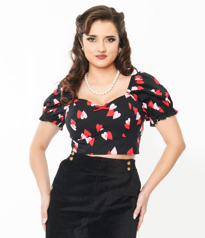 Hell Bunny Black & Red Hearts Crop Top - Unique Vintage - Womens, TOPS, WOVEN TOPS