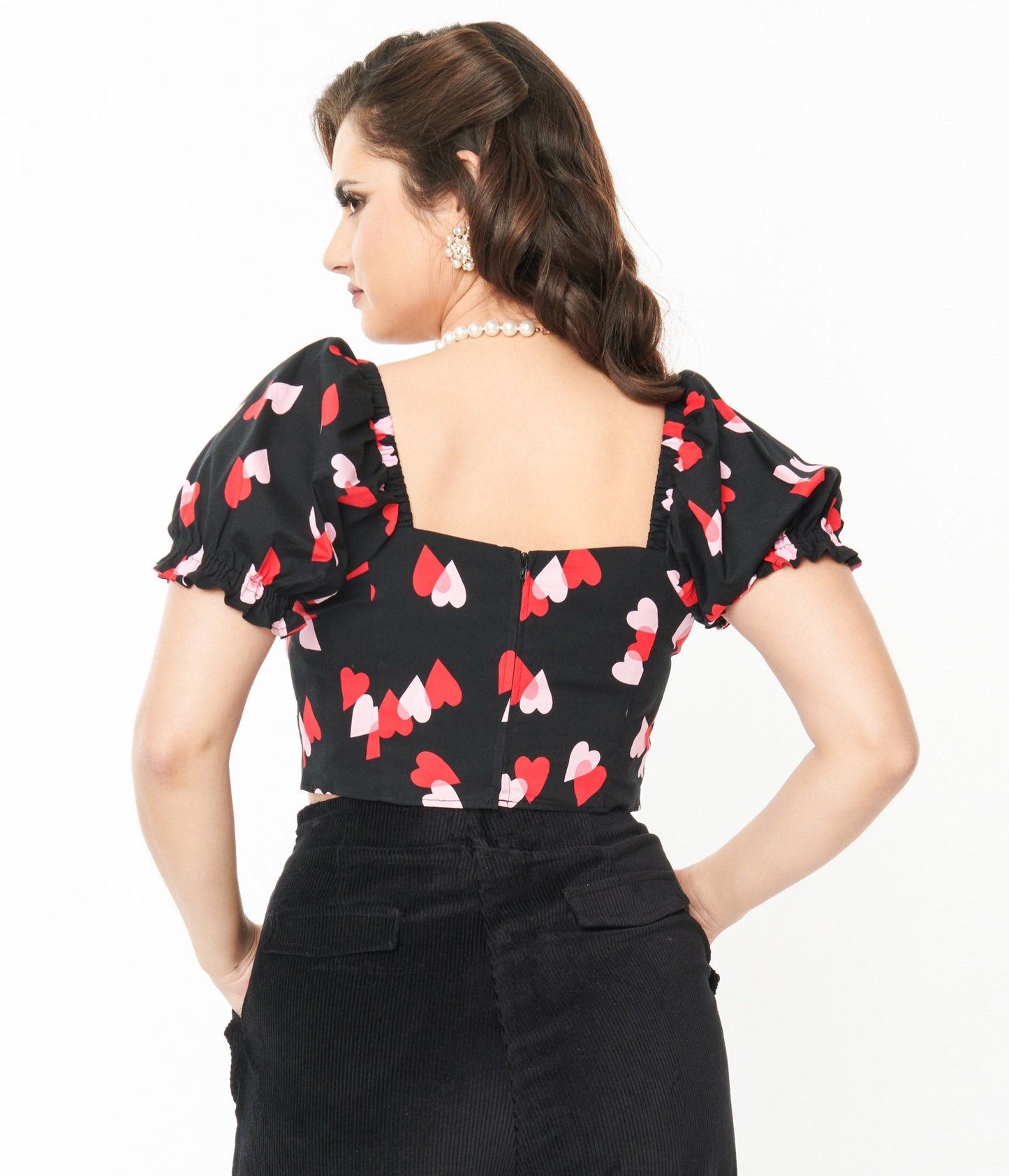 Hell Bunny Black & Red Hearts Crop Top - Unique Vintage - Womens, TOPS, WOVEN TOPS