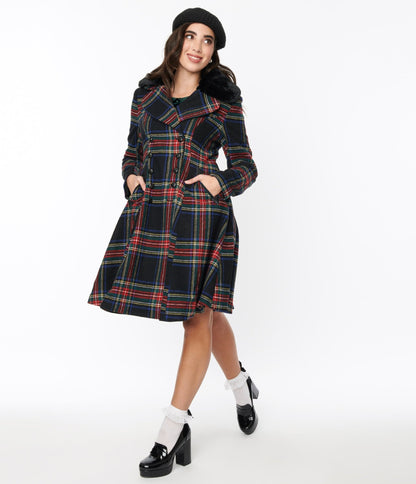 Hell Bunny Black Tartan Forester Coat - Unique Vintage - Womens, TOPS, OUTERWEAR