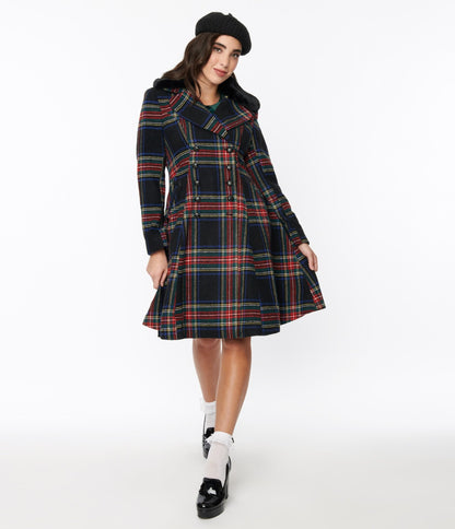Hell Bunny Black Tartan Forester Coat - Unique Vintage - Womens, TOPS, OUTERWEAR