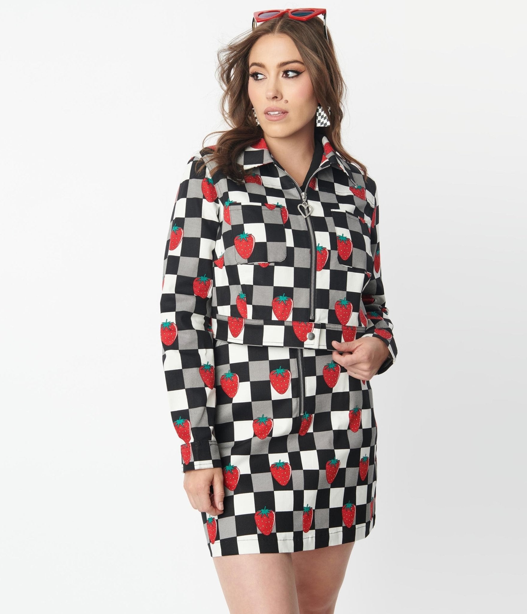 Hell Bunny Black & White Check & Strawberry Denim Jacket - Unique Vintage - Womens, TOPS, OUTERWEAR