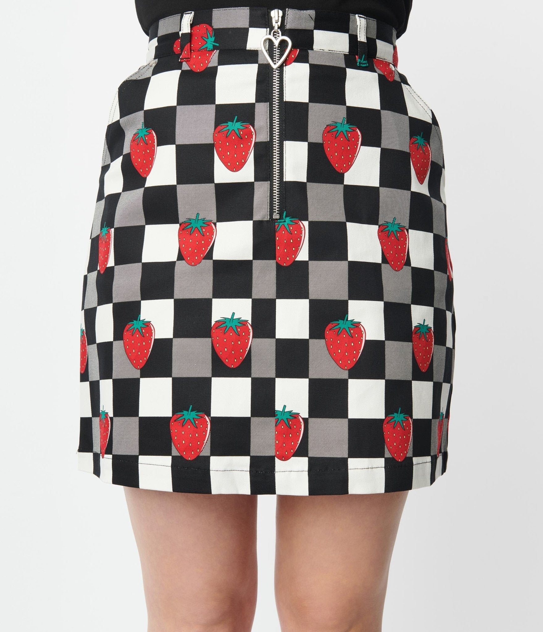 Hell Bunny Black & White Check & Strawberry Denim Mini Skirt - Unique Vintage - Womens, BOTTOMS, SKIRTS