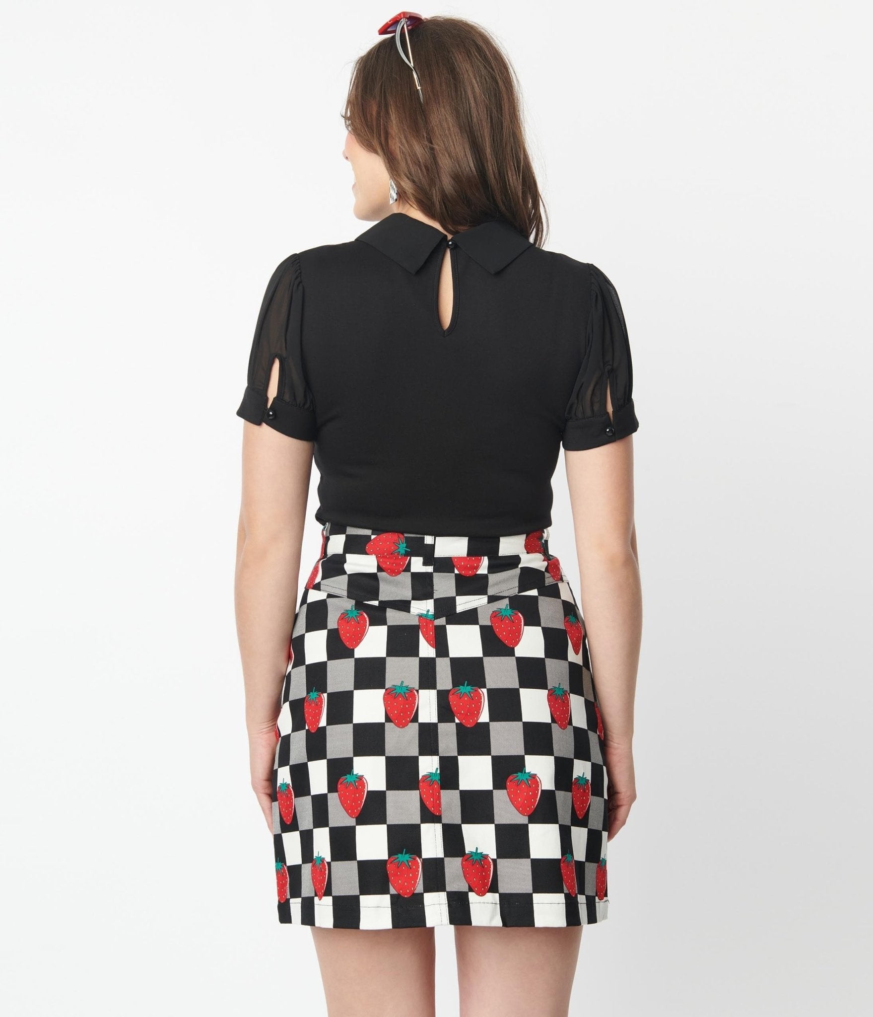 Hell Bunny Black & White Check & Strawberry Denim Mini Skirt - Unique Vintage - Womens, BOTTOMS, SKIRTS