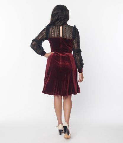 Hell Bunny Burgundy Velvet & Black Lace Swing Dress - Unique Vintage - Womens, HALLOWEEN, DRESSES