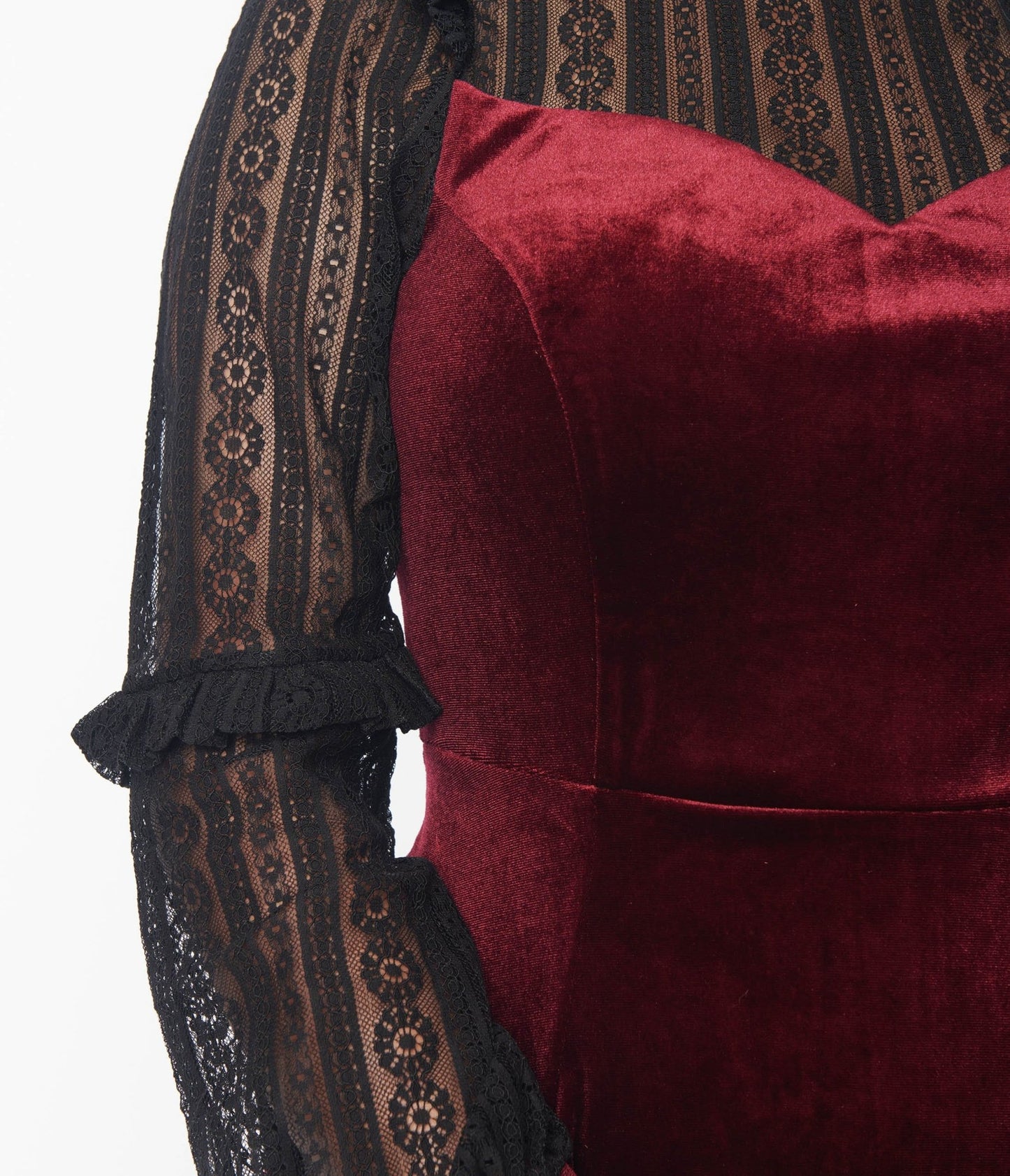 Hell Bunny Burgundy Velvet & Black Lace Swing Dress - Unique Vintage - Womens, HALLOWEEN, DRESSES