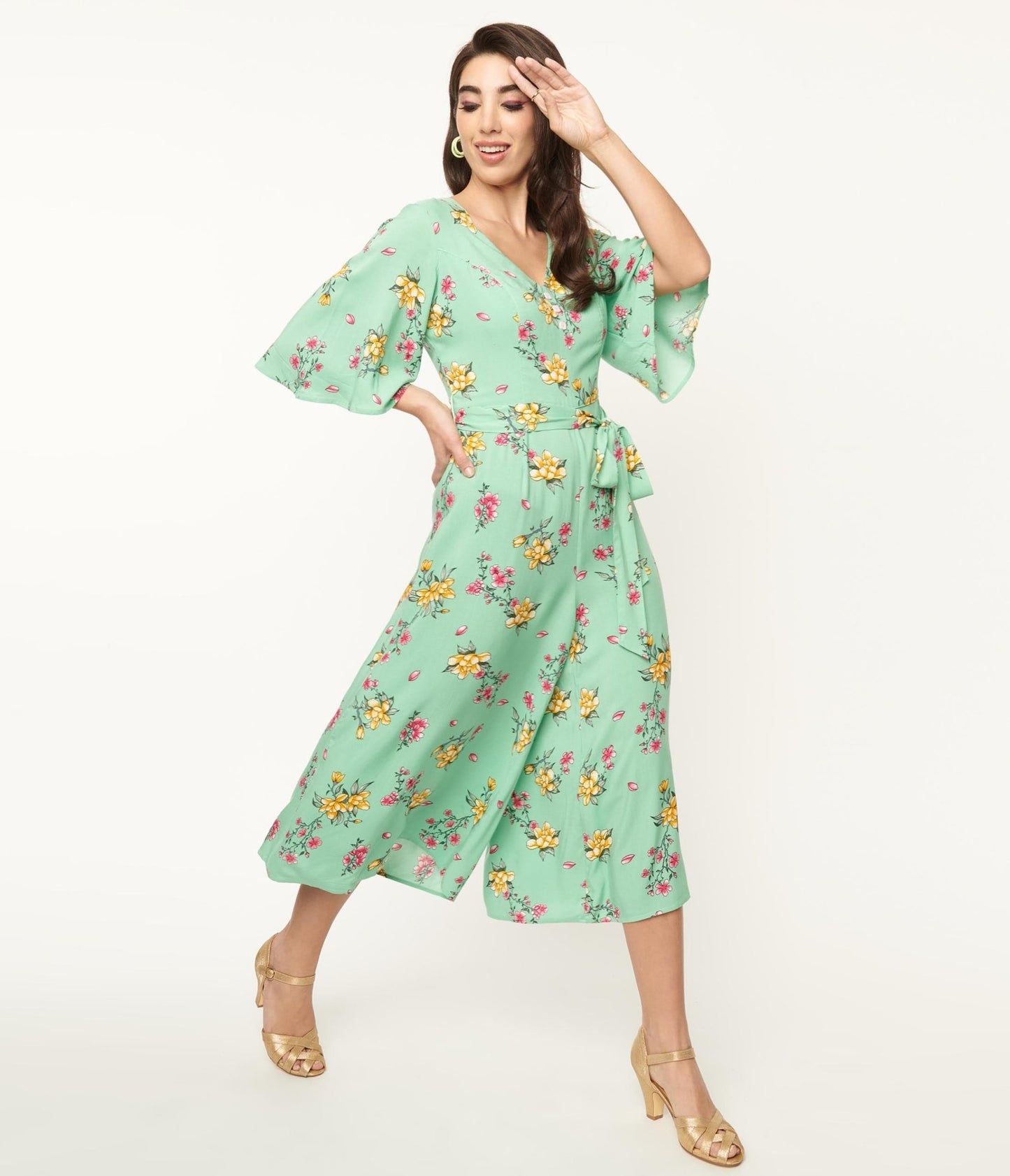Hell Bunny Green & Pink Floral Jumpsuit - Unique Vintage - Womens, BOTTOMS, ROMPERS AND JUMPSUITS