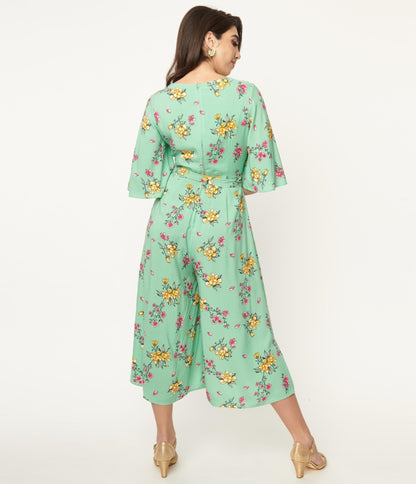 Hell Bunny Green & Pink Floral Jumpsuit - Unique Vintage - Womens, BOTTOMS, ROMPERS AND JUMPSUITS
